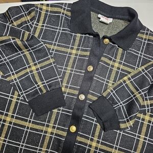 Vintage ECCOBAY Women's Cardigan Sweater Size M Black Gold Silver Metallic Plaid